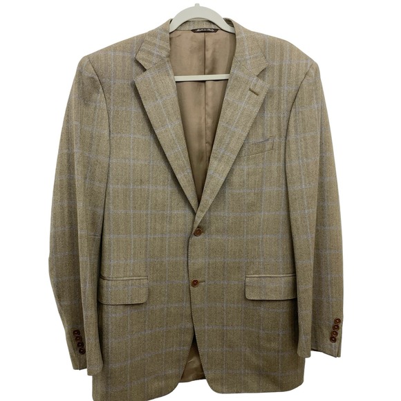 Canali Sienna Sport Coat 42L 100% 2-Button Wool Camel Brown Overcheck in Gray - Picture 1 of 11